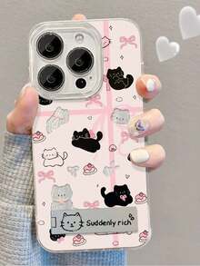 1pc Pink Feather Tulle Cute Cartoon Cat With Bow Phone Case With Metal Stand, Compatible For IPhone 11/12/13/14/15/16/17/Pro Max - Pink - View 1