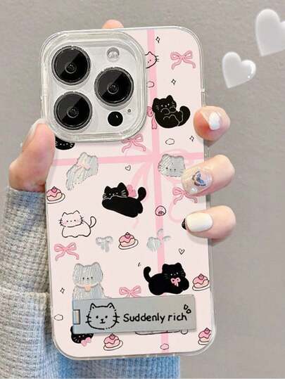 1个粉色羽毛薄纱可爱卡通猫咪蝴蝶结手机壳，带金属支架，兼容 11/12/13/14/15/16/17/Pro Max