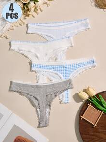 4pcs Cotton Fresh & Sweet Comfortable Women's Thong Panties - Multicolor - View 2