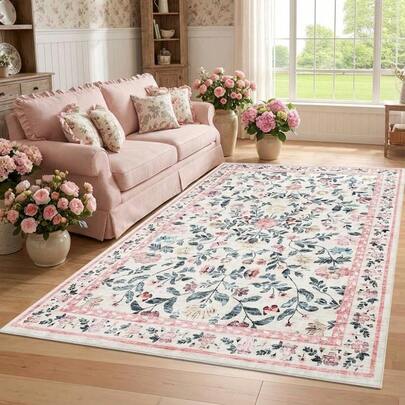 Modern Washable Area Rug For Living Room, Vintage Floral Carpet With Non Slip Backing, Low Pile Stain Resistant Floor Mat For Dorm