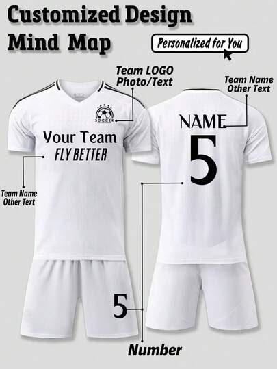 2pcs/Set Customized 2425 Season White Men's RM Style Football Jersey - Customizable Name, Number And Team Logo Print Short Sleeve T-Shirt + Shorts Training Sports Suit, Fashionable Casual Gift