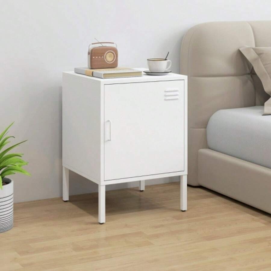 Steel Bedside Table, Multifunctional Side Table, Adjustable Shelf, For Bedroom Or Living Room, White - White - View 1