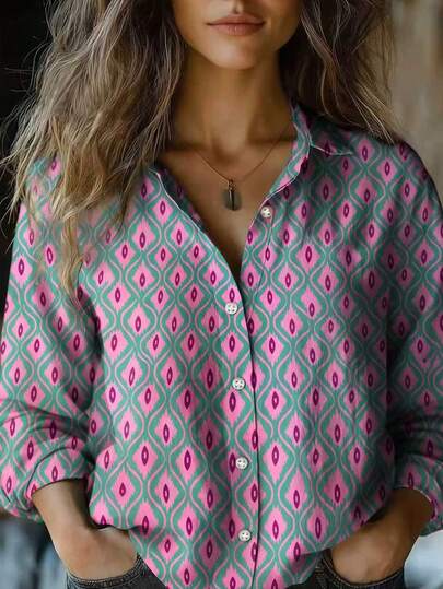 大码女式花卉拼接印花休闲亚麻质感上衣