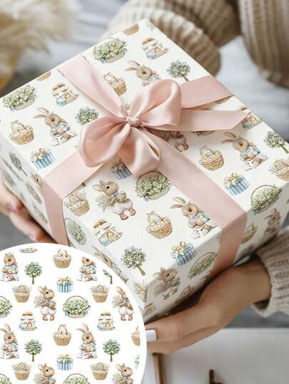 1pc Easter Bunny Gift Wrapping Paper - Cartoon Rabbit & Egg Print, Double-Sided Coated Paper Material, Suitable For Easter DIY Packaging, Easter Gifts, Easter Bouquet Decoration, Spring Themed Scrapbooking, Wall Collage, Easter Party Decor