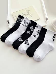 随机3/6双装女士宽松中筒针织袜 - 黑白蝴蝶图案 - 街头风薄款百搭春夏款 - 彩色 - 查看 2