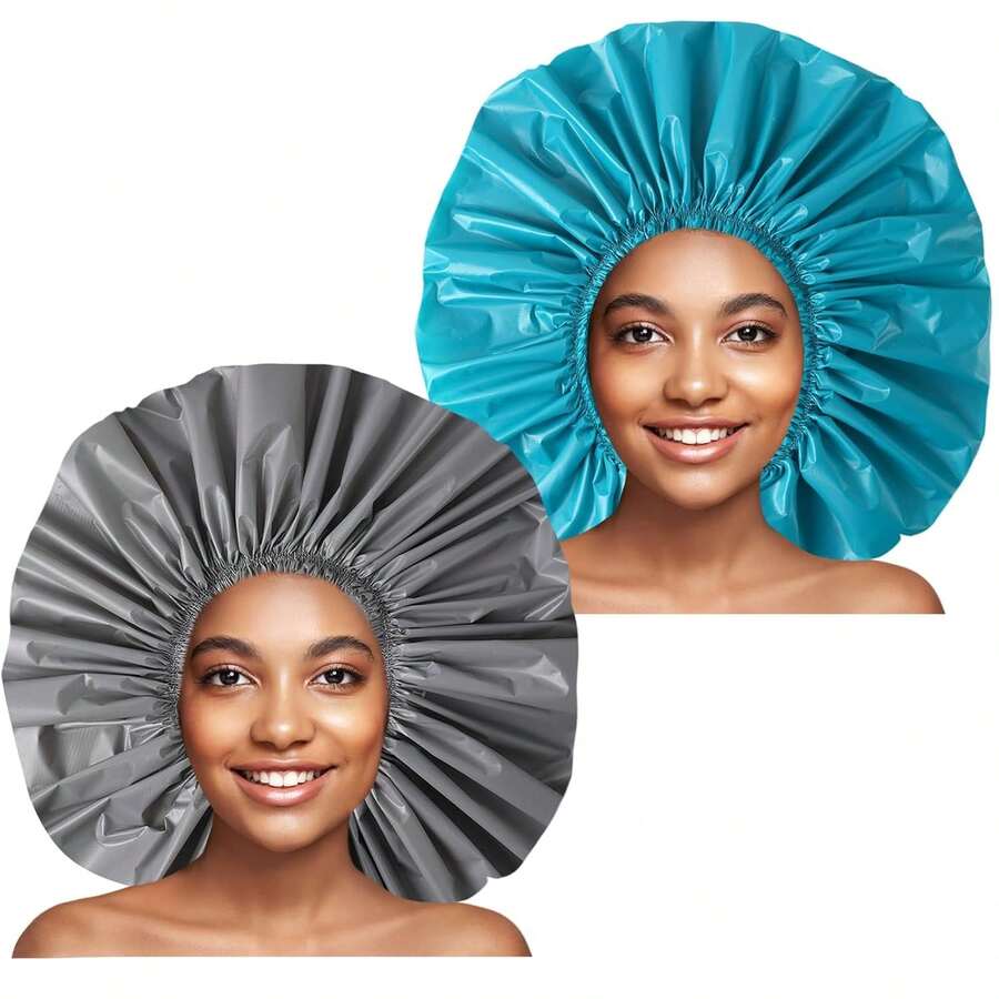 2 Pcs Extra Large Waterproof Shower Cap, Reusable Bath Cap For Long Hair - 灰藍綠色 - 查看 1