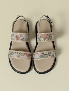 Women's Strap Buckle Sandals, Low Heel Thick Sole, Fresh Color Block Bohemian Vacation Vintage Random Print Open Toe Flat Heel Comfortable Summer New Wedge Low Heel Non-Tiring Fashion Outdoor Beach Sand Random Colorful Floral Leg-Lengthening Back Strap Hollow Design Summer 2026 Spring Autumn Lotus Apricot Breathable Fresh Elegant Graceful Matching Skirts Casual Sports Roman Sandals 3334 Small Size Large Size Women's Shoes 41-43 - Lotus Root and Apricot - View 7