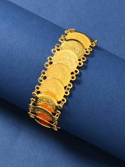 1条24K镀金复古硬币图案手链，饰有浮雕图腾和镂空花卉链节，是女士派对/斋月礼物的理想之选。