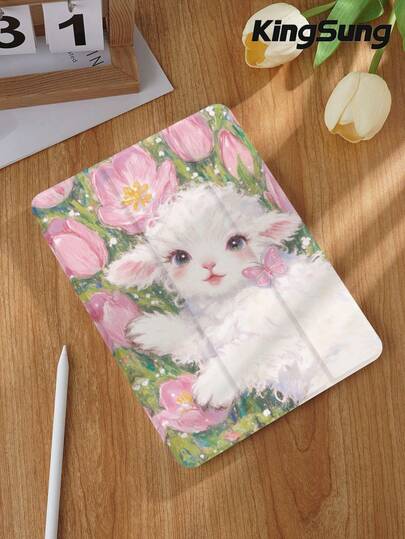 粉色油画风格小羊羔平板电脑保护套，兼容 iPad 9.7/10.2/10.5/10.9/12.9/Pro 11（第十代），兼容三星 Galaxy Tab S6 Lite 10.4 英寸，兼容 Kindle Paperwhite（第十二代，2024 年款），Kindle（第十一代，2022 年款），Kobo Clara Color，柔软防摔，智能支架/自动唤醒/睡眠功能