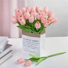 20Pcs Elegant Pink Artificial Tulips. Realistic Preserved Flowers With Vibrant Green Leaves. Suitable For Home, Room, Wedding, Garden Decoration, Birthday, Valentine's Day Gifts, Photography Props, Etc., Making Them Perfect Gifts And Decorations. - 粉色 - 查看 2