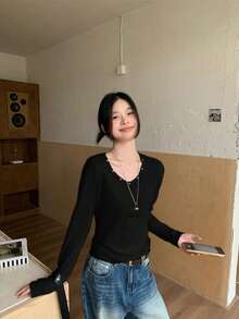 铆钉设计叠穿女式打底衫，长袖T恤，时尚韩版独特休闲上衣，适合秋冬季黑色春季穿着 - 黑色 - 查看 5