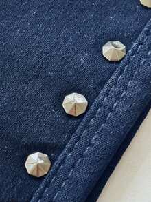 pthirillo Women's Dark Blue Flare Jeans With Butt-Lifting, High Waist, And Rhinestone Detail - Premium Rhinestone Jeans - Spike On the Side - View 7