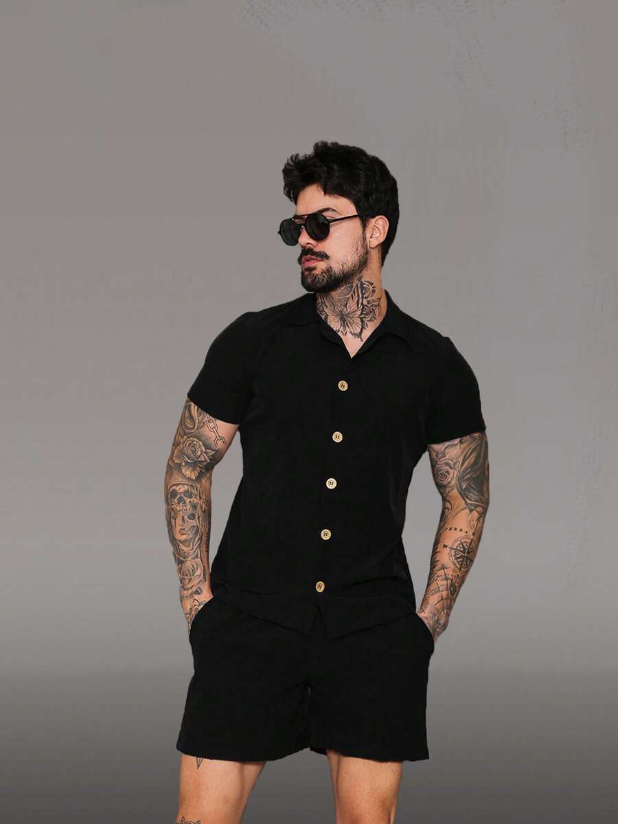 Men's Tracksuit Set: Shirt With Button-Down Shirt And Shorts With Pockets. - màu đen - Xem 1