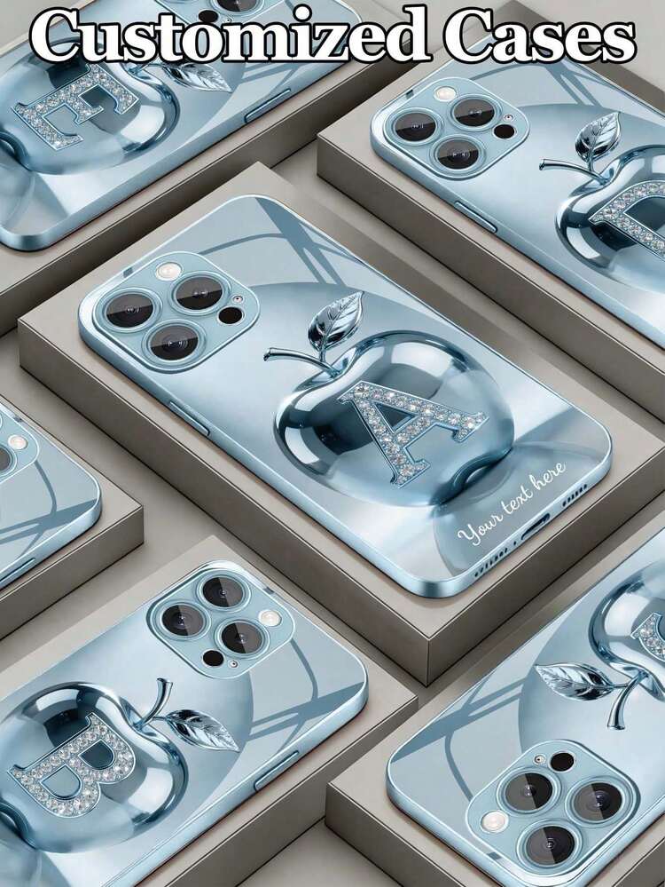 1 pieza Funda de teléfono de vidrio templado con diseño personalizable de 26 letras y nombre con patrón de manzana de metal azul de moda, compatible con iPhone17 ProMax/17Air/16 ProMax/15 Pro/14 Plus/13 Pro/12 Pro Max/11/Xs Max/8/7/6 Plus, S24 Ultra/S25 Ultra/A12, personalización empresarial de alta gama, mejor regalo para novio, novia y familia, versión internacional, no la versión nacional - Azul - Añade 1