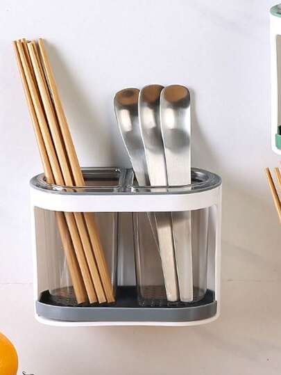 1pc Household Chopstick Holder, Dual Compartment Drainable Chopstick Box, Kitchen Luxury Wall-Mounted Cutlery Storage