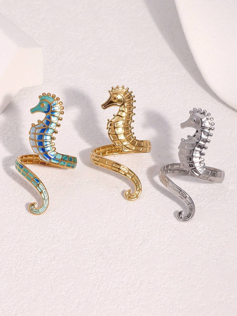 1pc Unique Seahorse Shaped Stainless Steel Gold-Plated Ring, Suitable For Women's Daily, Party, And Date Wear - Open Ring - View 1