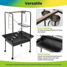 Estación de Juegos para Loros con Ruedas - Parque de Actividades con Perchas y Escaleras, Centro de Entretenimiento Móvil para Interiores y Exteriores - negro - Ver 5