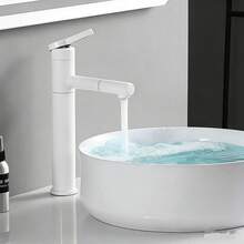 新款双旋转抽拉式白色浴室水槽龙头，冷热水混合龙头，适用于盥洗台、厨房，通用型 - 白色 - 查看 4