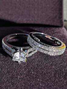 6件套银色简约水钻镶嵌郁金香花朵奢华优雅戒指套装，适合女性婚礼、日常佩戴、节日庆典等场合。 - 戒指套裝A - 查看 5