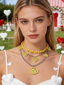 1pc Multi-Layer Heart Print Necklace, Rose Red - Blue - View 5