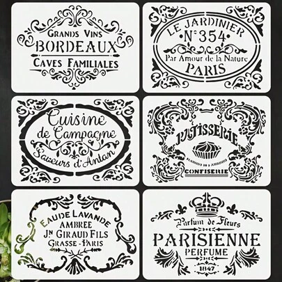 6片装可重复使用的英文绘画模板 - 适用于木材、地板、墙壁、瓷砖、织物、家具等材质的绘画。英文模板绘画模板