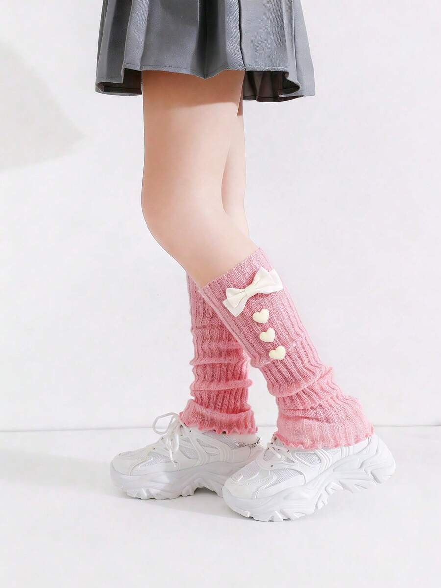1 双女婴可爱蝴蝶结爱心装饰腿套，时尚女童过膝腿套，四季皆宜