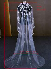 1 件手工花卉串珠大教堂新娘面纱，适用于婚礼、摄影道具、短注册处面纱，带发梳 - 米色 - 查看 11