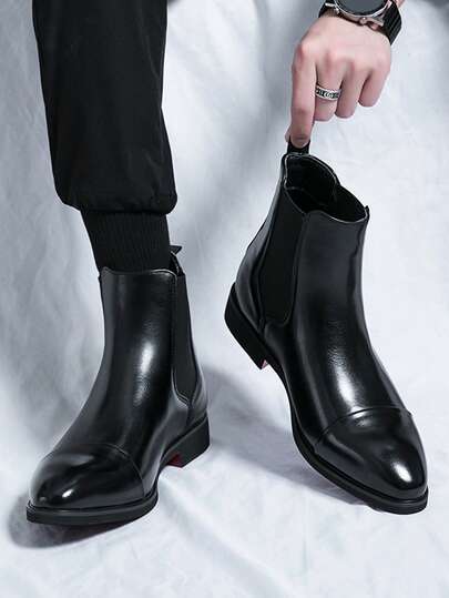 Men's Retro Chelsea Ankle Boots, Pointed Toe, Glossy Leather, Fashionable Business Casual High-Top Dress Shoes