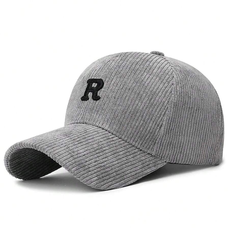 Gorra de béisbol de pana con letra 'R' bordada en 3D, sombrero estructurado ajustable de color sólido, accesorio elegante para otoño e invierno ICRY - Gris - Ver 1