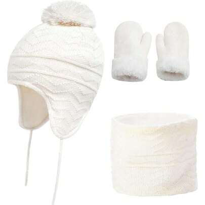 Gorro de Invierno para Niño con Pompón, Set 3 en 1 de Gorro Bufanda y Guantes, Conjunto de Invierno de Punto Acolchado y Suave para Niños y Niñas,40968388