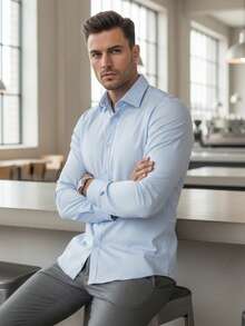 Camicia da uomo con bottoni, vestibilità regolare, maniche lunghe, colletto classico, polsini regolabili, camicia formale da lavoro, realizzata in tessuto misto di cotone, poliestere ed elastan dalla consistenza liscia, adatta all'uso quotidiano. - Blu - Visualizzare 2