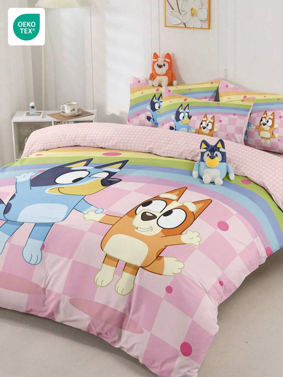 Bluey Bộ chăn ga gối Brui 2/3 món, Bộ chăn ga gối Brui thoải mái, chống xù lông, thân thiện với da, họa tiết hoạt hình bắt tay cầu vồng, đồ dệt gia dụng, vỏ chăn và vỏ gối, không bao gồm chăn bông, phù hợp với giường đơn, đôi, cỡ Queen, cỡ King, sử dụng được quanh năm, có thể giặt máy, trang trí phòng ngủ.