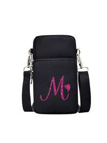 1个银色拉链黑色手机收纳单肩包,饰有玫瑰红亮片字母A-Z,时尚便捷的户外活动迷你手机包。可作腕包、多层包、女士零钱包、学习用品包、简约手提包、多功能斜挎包使用,适合户外、办公、度假、露营和商务场合。适合作为生日礼物、返校和毕业礼物、节日纪念品、母亲节礼物、婚礼配饰和旅行配饰。 - 彩色 - 查看 11