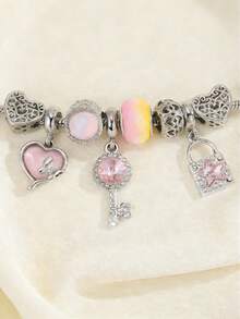 一套时尚个性化心形钻石串珠配饰，蝴蝶灯笼珠，DIY铜手链，优雅女士饰品 - 玫瑰金 - 查看 11