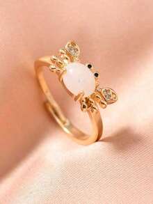 1pc Fancy Adjustable Crab Ring Women, Cute Vintage Summer Beach Style Copper Silver 18K Gold Plated Moonstone Light Blue Animal Rings Jewelry Girls Daily And Party Occasions, Friends - 月光白 - 查看 4