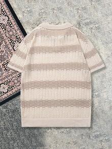 BLACKTOEXIT Men's Polo Shirt, Collared Short Sleeve Knitted Old Money American Style Striped Knit Top, Spring/Summer - Apricot - View 7