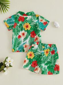 Toddler Baby Boy Hawaiian Outfits Summer Beach Coconut Tree/Palm Leaf Button Down Shirt And Shorts Vacation Clothes - 綠色 - 查看 2