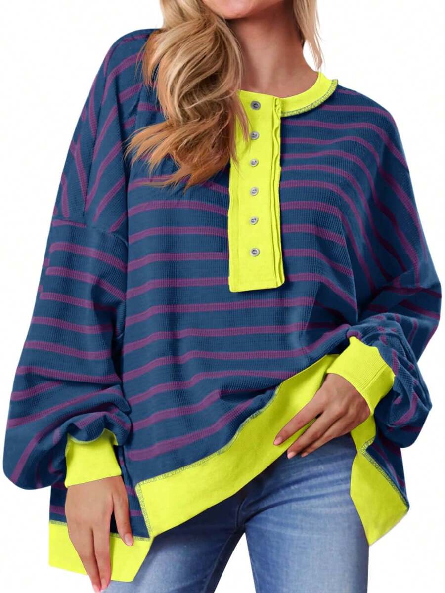 Womens Loose Fit Striped Henley Waffle Knit Pullover Casual Sweatshirt Tops - 藏蓝色 - 查看 1