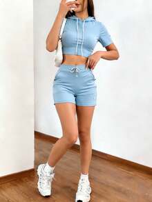 Set de 2 piezas con mangas raglán casuales y de ajuste holgado, con manga corta para mujeres - Celeste - Ver 1