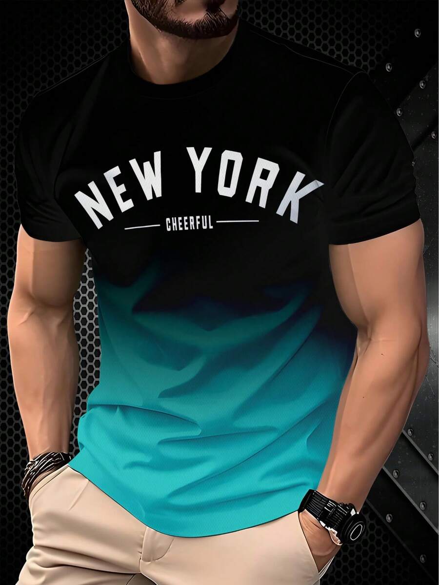 Tricou bărbătesc cu imprimeu cu litere în gradient - guler rotund casual, mâneci scurte, confortabil, lavabil la mașină - top elegant de vară cu design care își schimbă culoarea - Multicolor - Vizualizare 1