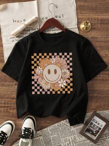 1pc Girls' Casual Floral Print Round Neck Short Sleeve T-Shirt, Loose & Comfortable Summer Top - Black - View 3