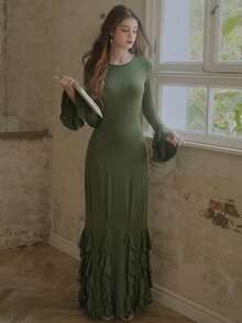 春季优雅时尚情人节派对礼服，女士荷叶边系带生日婚礼宴会鸡尾酒会礼服，度假修身派对服装 - 綠色 - 查看 2