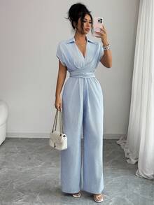 Women's Casual Elegant Striped Lapel Criss-Cross Pocket Tie-Waist Short Sleeve Jumpsuit, Spring/Summer - Blue - View 6