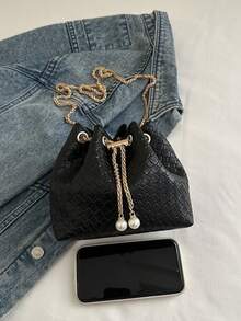 1个时尚编织纹理链条肩带迷你水桶单肩斜挎包 - 黑色 - 查看 6