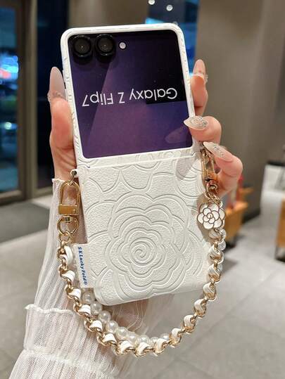 1 Peça Capa de Telefone Dobrável com Impressão Minimalista e Estilizada de Rosa, Adesiva, Acompanhada de Cordão Combinando, Oferecendo Proteção e Prevenção de Quedas, Compatível com Samsung Galaxy Z Flip 5/Z Flip 6/Z /60, Razr 50/Galaxy Z Flip 7 FE