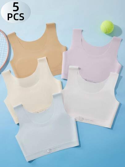 5pcs/Set Colorful Comfortable Cute Non-Sheer Casual Sports Camisole Bras For Girls, Suitable For Elementary And Middle School Students
