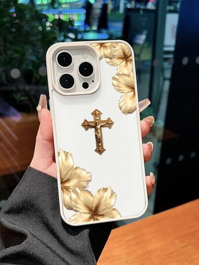 一款复古金箔十字图案印花手机壳，轻奢复古风格，防摔保护套设计，兼容 13/16/17/15/14/13/12/11
