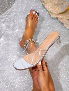 Women's High Heel Sandals, Transparent Crystal Heel, Sexy Open Toe, Chunky Heel Square Toe High Heels For Summer - Silver - View 6