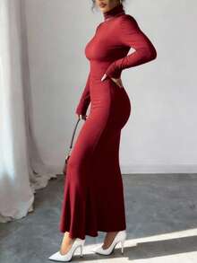 Solid Color Casual High Neck Dress - Burgundy - View 5