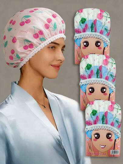 3 st/set återanvändbara vattentäta duschmössor, badmössa, hårtvättmössa, körsbärsmönstrad duschmössa, vattentät badmössa, elastiskt hårskydd, badrumsdekor, lämplig för alla hjärtans dag, nyår, vårsemester, hemmaspa, resor